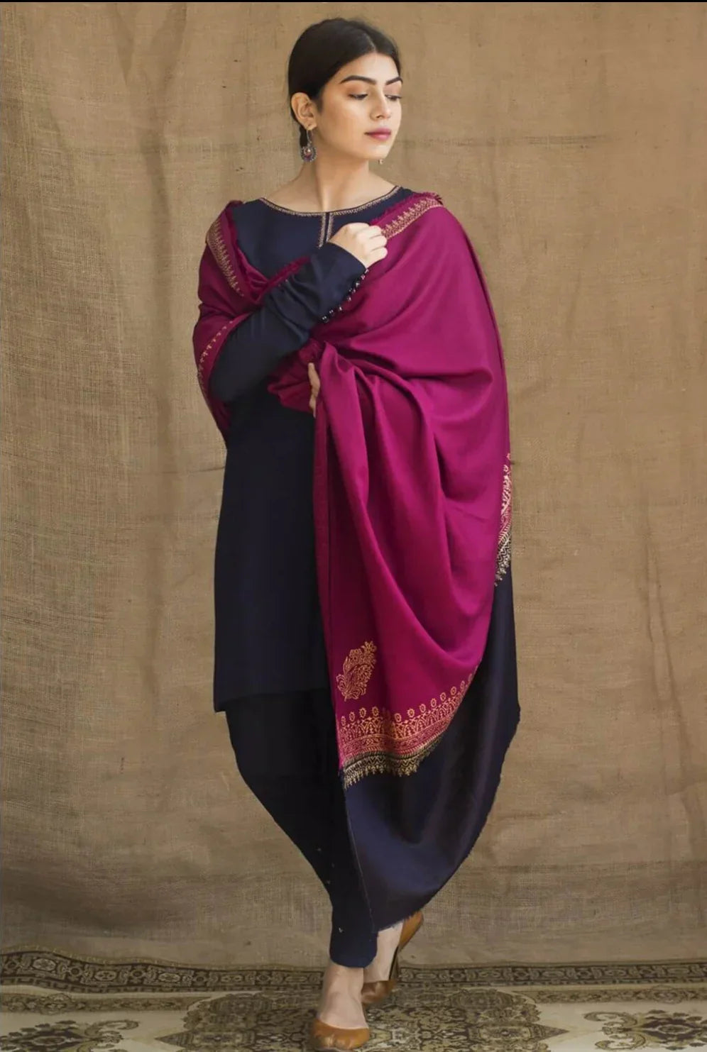 3 Piece Unstitched Heavy Embroidered Dhanak Suit ( Printed Woolen Shwal )