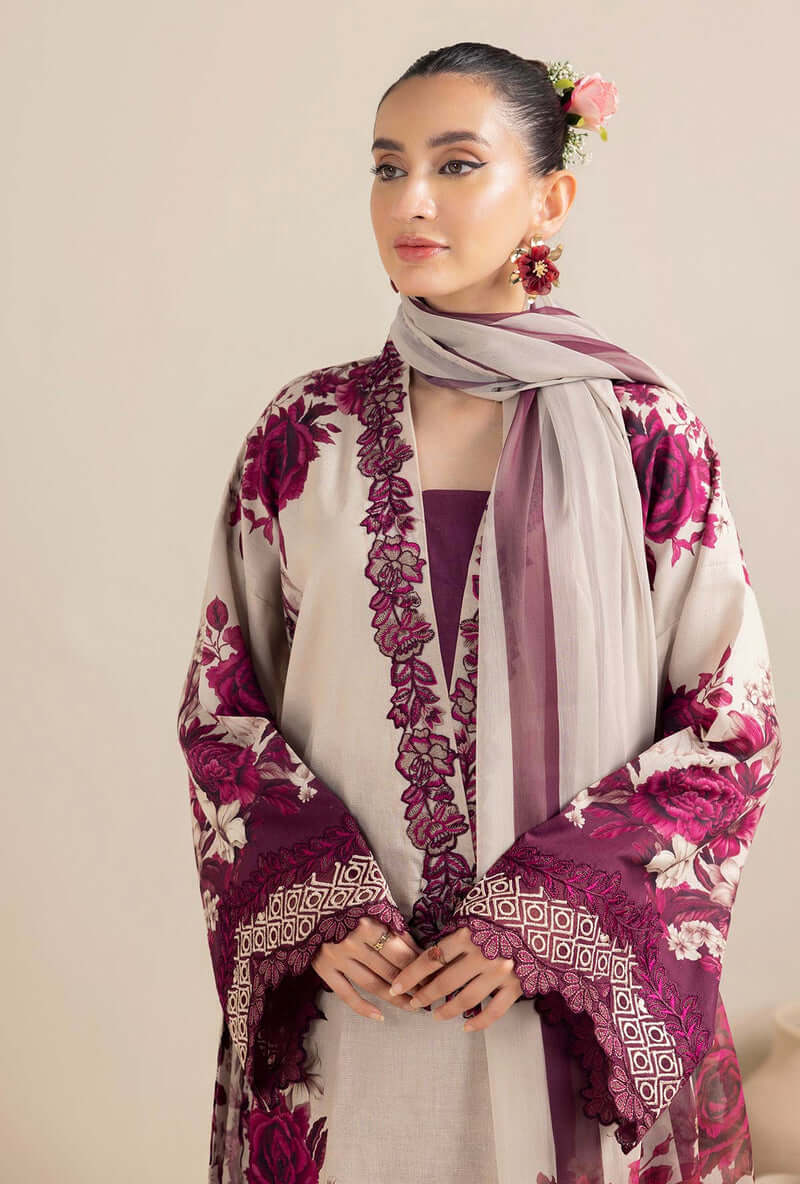 3 Piece Unstitched Embroidered Linen Suit ( Printed Linen Dupatta )