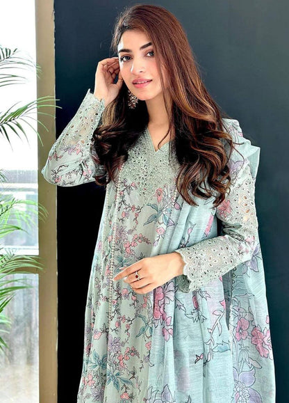 3 Piece Unstitched Embroidered Lawn Suit ( Fine Printed Silk Dupatta )