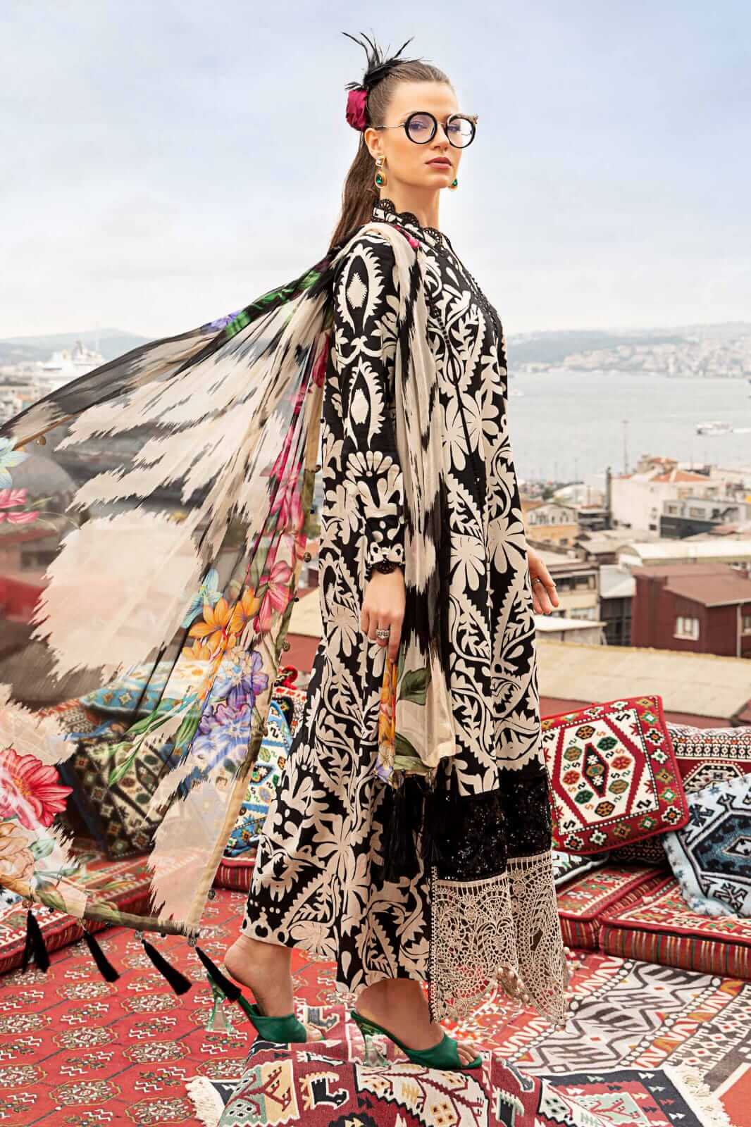 3 Piece Unstitched Embroidered Lawn Suit ( Fine Printed Silk Dupatta )